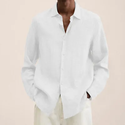 Mens Long Sleeve Linen Shirt Summer Loose Fit Lightweight Button Down Shirt New • $18.99