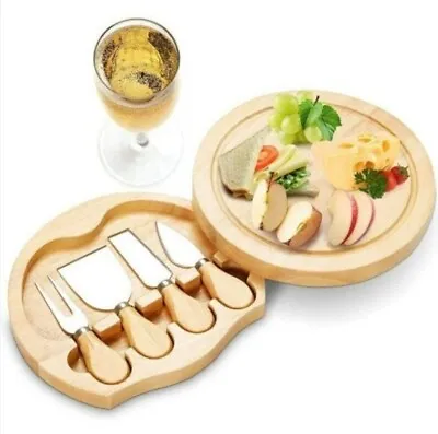 Oval Cheese Board & Knife Set Bamboo Wooden Serving Platter Display Tray Drawer • £20