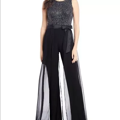 Leslie Fay Metallic Bodice Carwash Jumpsuit With Long Sheer Overlay Size 12 • $66