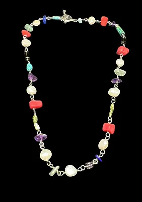 925 Multi Gemstone Necklace Bead Station Sterling Silver Chain Fine Jewelry • $45