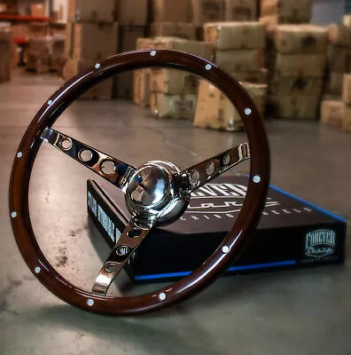 15  Vintage Real Wood Deep Dish Steering Wheel Aluminum Rivets + Horn • $142.45