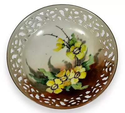 PSAA Schonwald Bavaria Bowl Yellow Flowers ANTIQUE 7  Reticulated Candy 1919 • $26.87