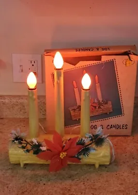Three 3 Vintage Christmas Candle Set On Plastic Yule Log With Original Box • $11.95