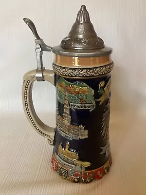 German Beer Stein Haucoze Amoy-Art Seinhijo Lidded DEUTSCHLAND Dark Blue Ceramic • $36.99