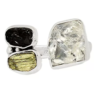 Natural Herkimer Diamond Moldavite & Shungite 925 Silver Ring S.8 CR30667 • $29.99