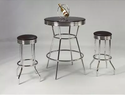 Retro 3 Piece Set Bar Pub Table With 2 Faux Leather Seat Swivel Bar Stool Chair • $329.99