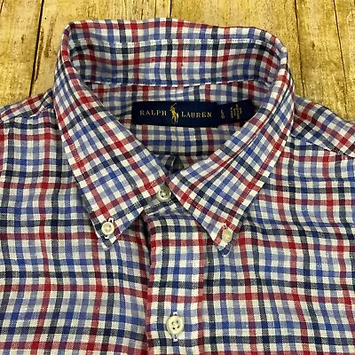 Polo Ralph Lauren Linen Shirt Large Long Sleeve Red White Blue Gingham Checks • $29.95