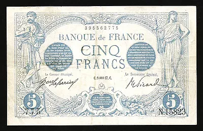 FRANCE 5 FRANCS 1917 AVF  P-70  BLEU WITH A PINHOLE • $76.90