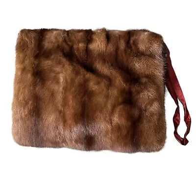 Vintage Genuine Mink Muff Hand Warmer Brown Satin Lining Zipper Pockets Purse • $75