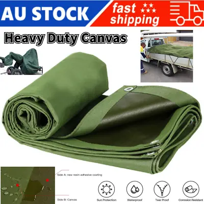 4 Size Heavy Duty Waterproof Canvas Tarp Tarpaulin Sun Blocked Dustproof Army  • $41.59