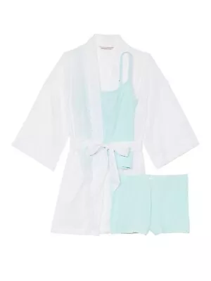 Victoria's Secret Eyelet Robe Cami And Short 3 PC Set Color White/Light Blue New • $69.99