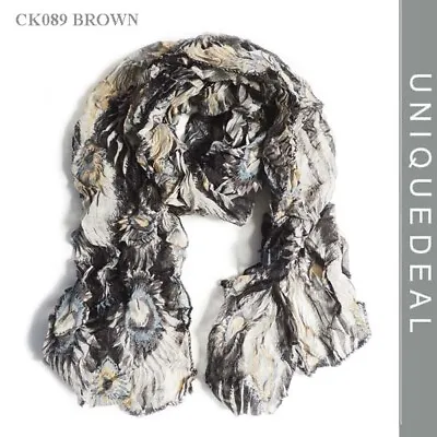 New Vintage Spring Crinkled Feather Print Shawl Scarf Wrap Ck089 / Brown • $9.99