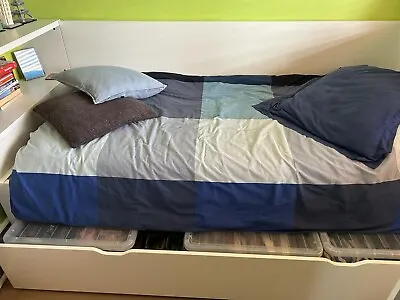 Bed Ikea Flaxa NO MATTRESS With Headboard Side Table And Under Bed Storage • £100