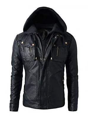 Mens Motorcycle Brando Style Biker Real Hooded Leather Hoodie Jacket - B8 • $94.99