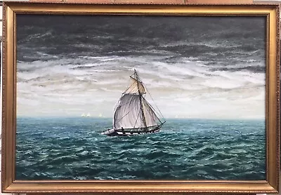 Vintage Original Oil Painting On Canvas Board Signed By Artist 82cm Ships At Sea • £79.90