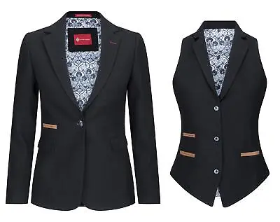 £47.99 • Buy Womens Waistcoat Blazer Suit Wool Tweed Elbow Patch 1920s Vintage Classic Black