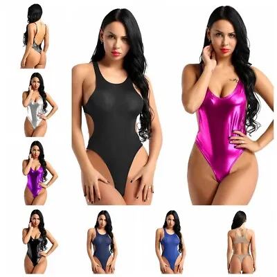 Womens Lady Metallic Sleeveless Camisole Cami Vest Bodysuit Leotard Top Jumpsuit • £4.79