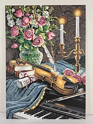 Vintage Paint By Numbers Painting 20x14 Violin Steinway Piano & Flowers # Art • $40