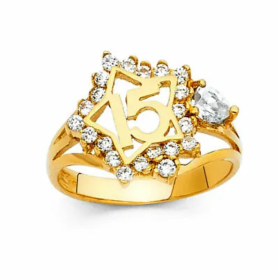 Star Quinceañera Sweet 15 Años CZ 14k Yellow Gold Heart Ring Estrella Oro Anillo • $331.98