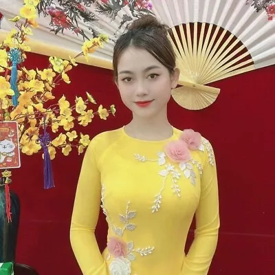 Ao Dai Vietnamese W Pants. Lua Chinffon 4 Ta & Quan 2 L Thiết Kế đính Kết Size M • $68