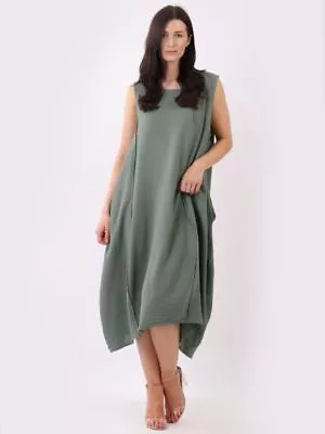 Italian Plain Cotton Raw Edges Lagenlook Sleeveless Slouchy Dress • $65