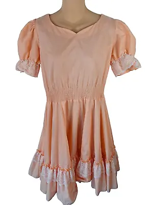 Vintage Sz S/M Square Dance Dress Prairie Western Peach Ruffle Layered Lace • $27.95