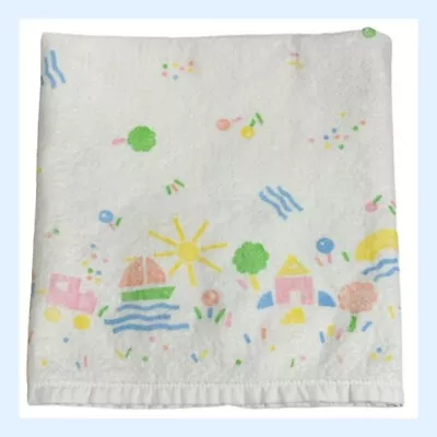 ❤️Vintage Satin Trim Baby Crib Blanket White Pastel Boats Trains Sun 40x46❤️ • $29.98