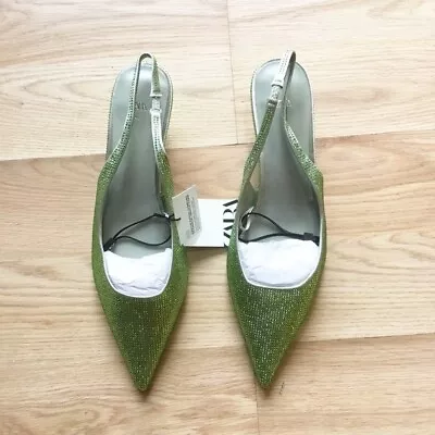 $110 • Buy Zara Women’s Rhinestone Kitten Slingback Heel Shoes - Size 9