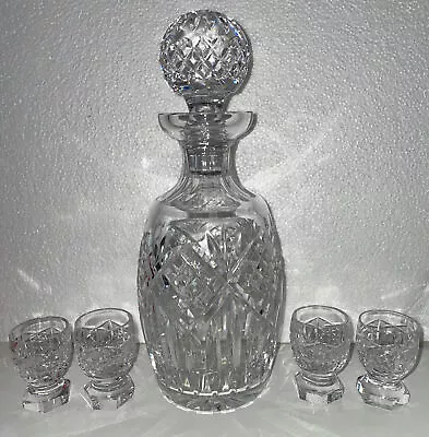 Vintage Cut Crystal Glass Decanter Set With 4 Shot Glasses Etched Bar Glassware • $69.30