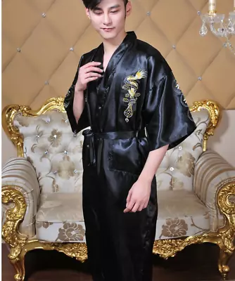 Men's Comfy Japanese Chinese Kimono Dressing Gown Bath Robe Black Nightwear  • $51.82