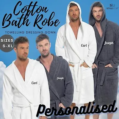 Personalised Mens Luxury Hooded Towelling Bath Robe Dressing Gown 100% Cotton • £36.99