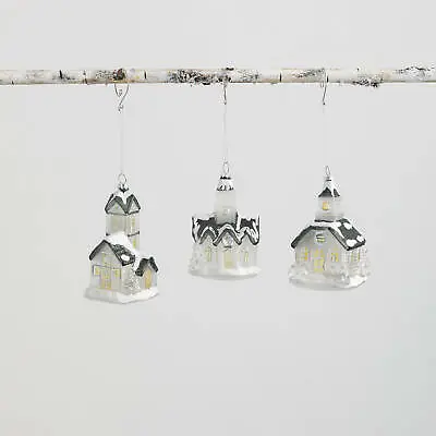 Set/3 Glass Snow Covered White House Church Vntg Style Christmas Ornaments Decor • $15.96
