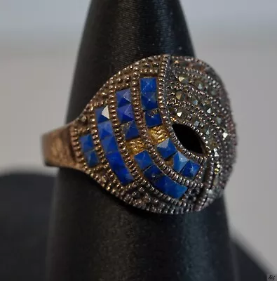 Vintage Sterling Silver Marcasite Lapis Lazuli Men's Ring Size 9.75 FAS 925 READ • $20