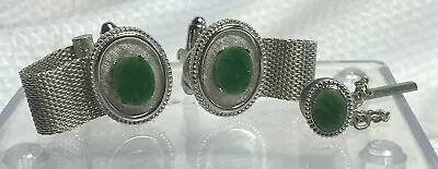 Dante Green Polished Marble Jade? Malachite? Stone Cufflinks & Tie Tack Jewelry • $29.95