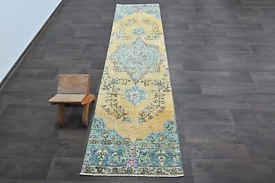 Vintage Turkish Runner Rug 2x9ft Wool Anatolian Handmade Hallway Oushak YELLOW • $232