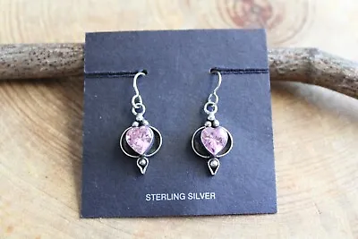 Sterling Silver With Pink Crystal Hearts Dangle Earrings Taxco Mexico • $54.99