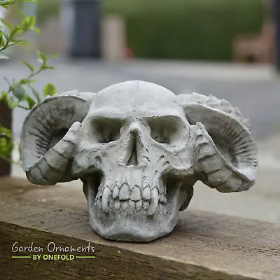 Horned Skull Hand Cast Stone Outdoor Garden Ornament Sculpture Gothic Gift • £58.90