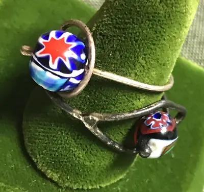 Lot Of 2 Vintage Millefiori Glass Rings Sterling Silver Wire Size 8 Adjustable • $17.99