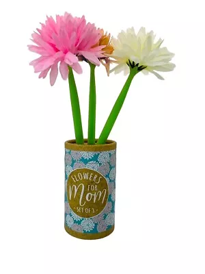 Eccolo Flowers For Mom Or Grandma Set Of 3 Gel Black Ink Flower Pens W Stand Gft • $15.49