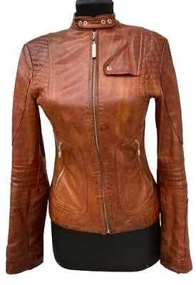 $99 • Buy St John Luxury Brown/cognac Distress Biker Real Leather Jacket Zippers Metal Xs