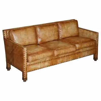 £2500 • Buy Lovely Hand Dyed Brown Leather Edwardian Style Studded Three Seat Sofa Part Set