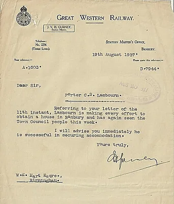 £2.25 • Buy Great Western Railway Letter To W.e. Hart Re Porter C.s. Lambourn Dated 1937