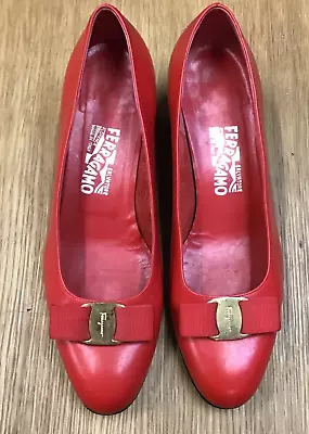 Salvatore Ferragamo Red Leather Bow Pumps Heel Shoes 10 C • £24