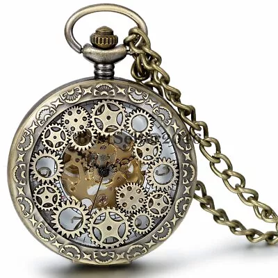 Vintage Bronze Skeleton Windup Mechanical Pocket Watch Necklace Steampunk Gear • $20.99