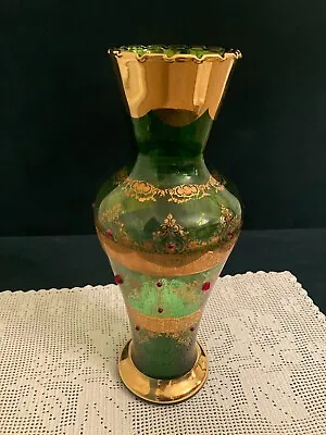 Vintage Vecchia Murano Venetian Glass Vase 24K Gold Trim 16  Tall • $25