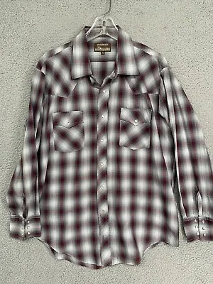 Plainsman Vintage Extra Long Tails Western Pearl Snap Plaid XL Red Gray Shirt • $15.99