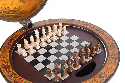 Unique Chess Board W/ Pieces Hidden In Wood Table Top Nautical Old World Globe • $179.48