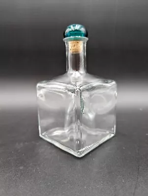 Vintage Lovely Square Clear Glass Liquor Decanter W/ Teal Cork Lid/Stopper • $10.50