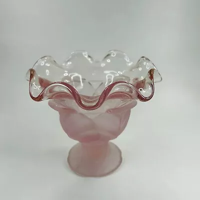 Viking Glass Epic Leaf Compote Vase Pink Satin Frost 1980 Spring Blossoms • $43.95