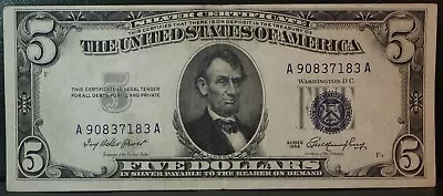 1953 XF BLUE SEAL FIVE DOLLAR SILVER CERTIFICATE $5.00 Dollar Bill A90837183A • $15